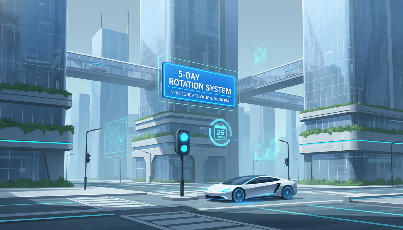2026년 도심 차량 5부제 시행을 알리는 스마트 시티와 캘린더, 전기차 일러스트