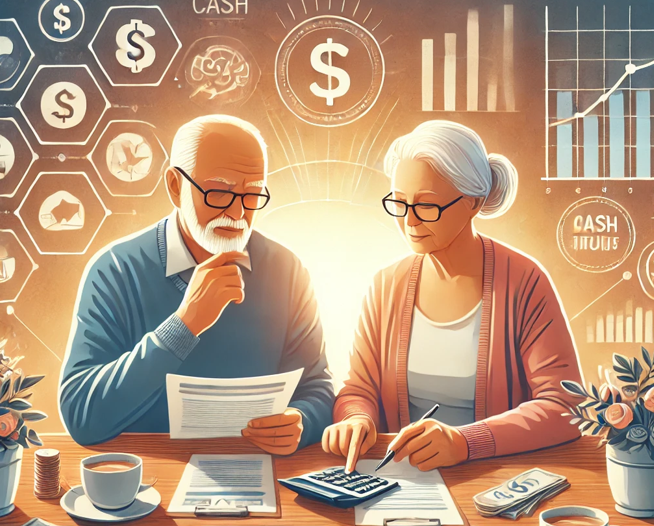 어르신 부부가 재무 관리를 위해 의논하는 그림