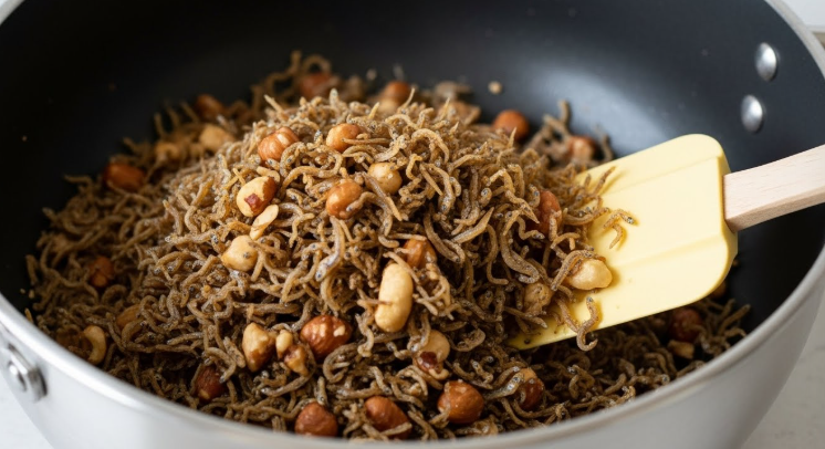 끓인 양념에 멸치와 견과류를 넣고 주걱으로 빠르게 뒤섞어 양념을 입히고 있는 모습