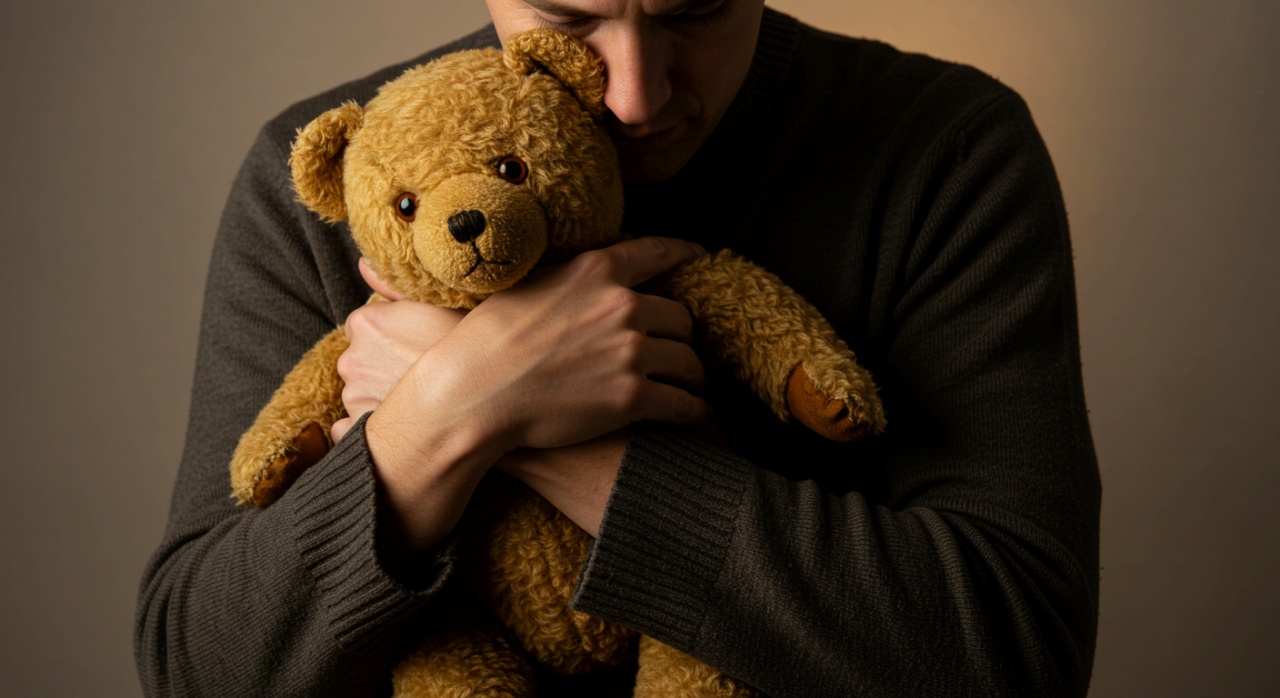 낡은 곰인형을 소중히 껴안고 있는 남자