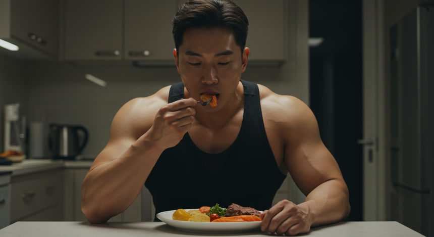 식탁에서 단백질 다이어트 식단을 먹고있는 남성 이미지