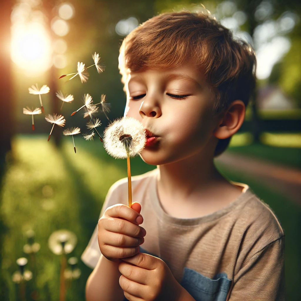민들레 홀씨를 부는 소년&amp;#44; 행복한 표정.