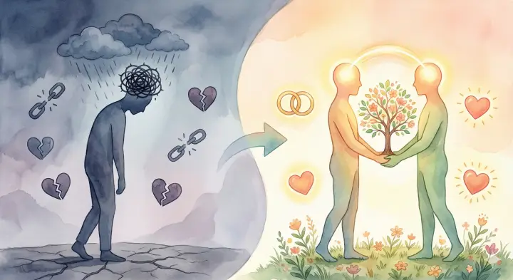 분할된 화면의 왼쪽은 어둡고 차가운 색감으로, 혼자 있는 사람의 머리 위에 가시덤불과 먹구름이 있고 부서진 관계의 아이콘들이 떠다닙니다. 오른쪽은 따뜻하고 밝은 색감으로, 두 사람이 손을 잡고 서로를 지지하며 그들의 머리가 빛나고 연결되어 있습니다. 그들 사이에서 꽃이 만발한 나무가 자라나고 온전한 하트 아이콘들이 빛나는 모습의 치유와 성장을 표현한 이미지.