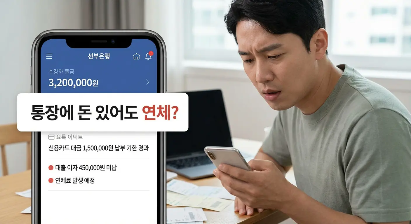 통장에 잔액이 있는데도 자동이체 실패 알림을 확인하는 모습