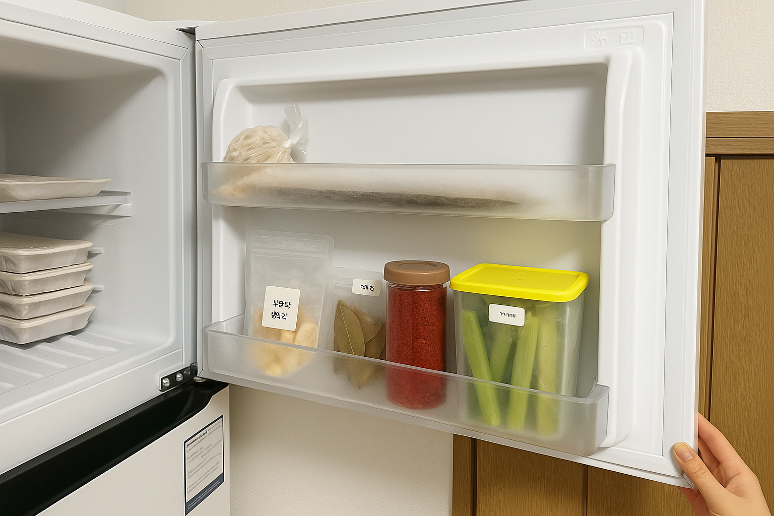 캐리어 냉동실 문에 정리된 향신료, 채소, 냉동식품들