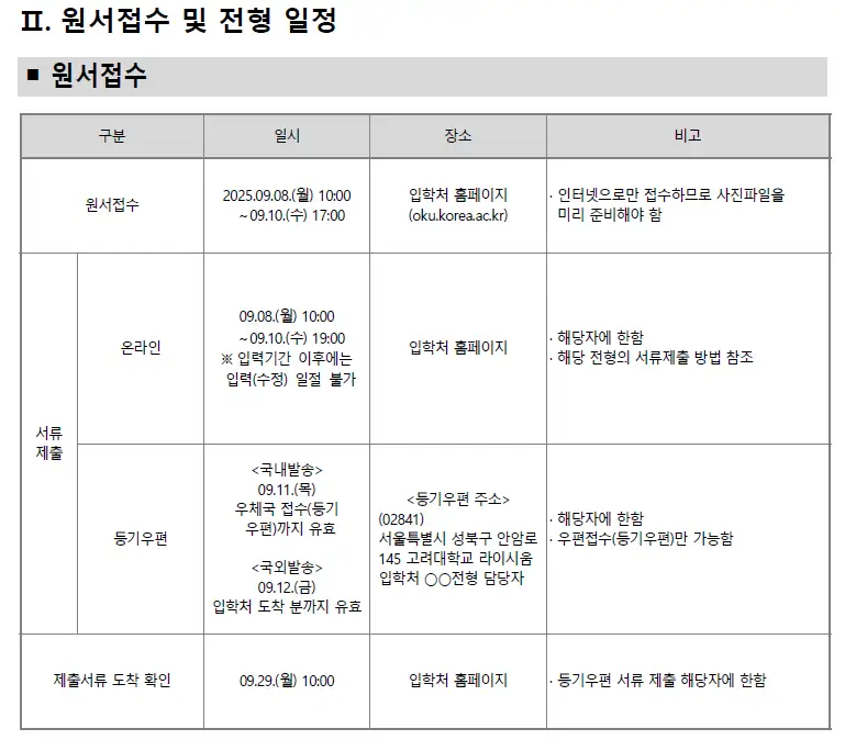 원서접수 및 전형 일정