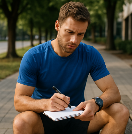주간 러닝 스케줄을 점검하거나 플래너에 계획을 쓰는 중급 러너