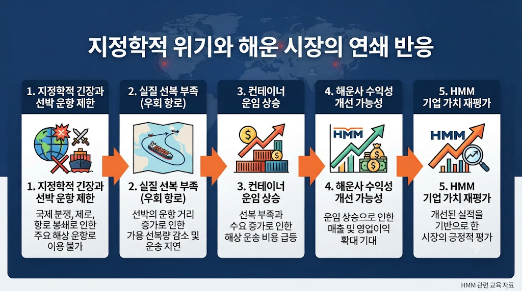지정학적 병목과 해상운임 상승이 HMM 실적에 영향을 주는 과정을 보여주는 인포그래픽