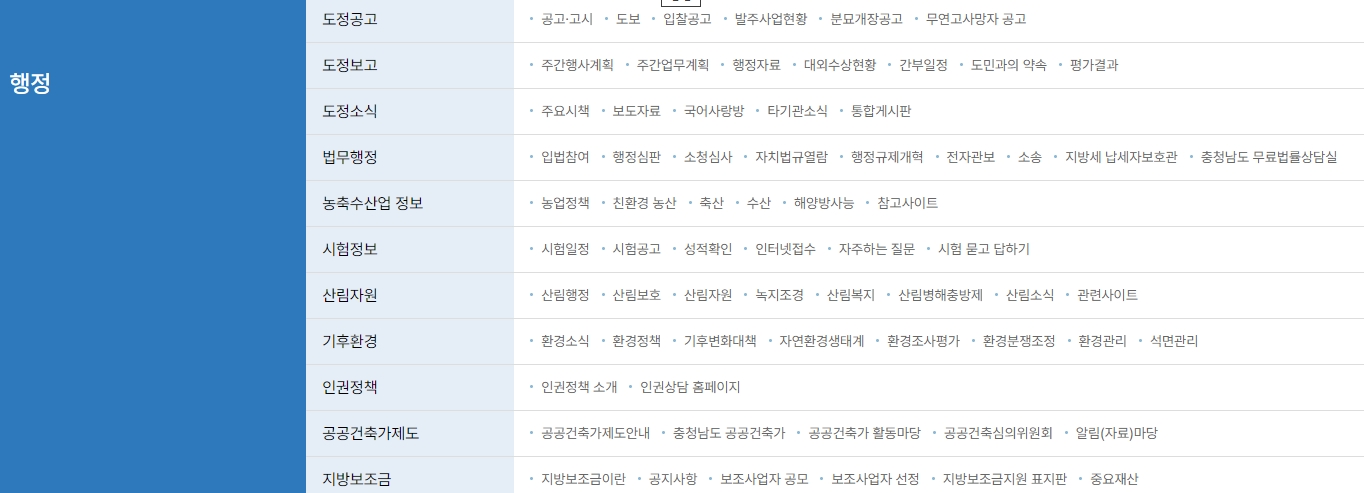 도정 공고 및 각종 법령과 행정 절차를 안내해 주는 행정 메뉴 화면