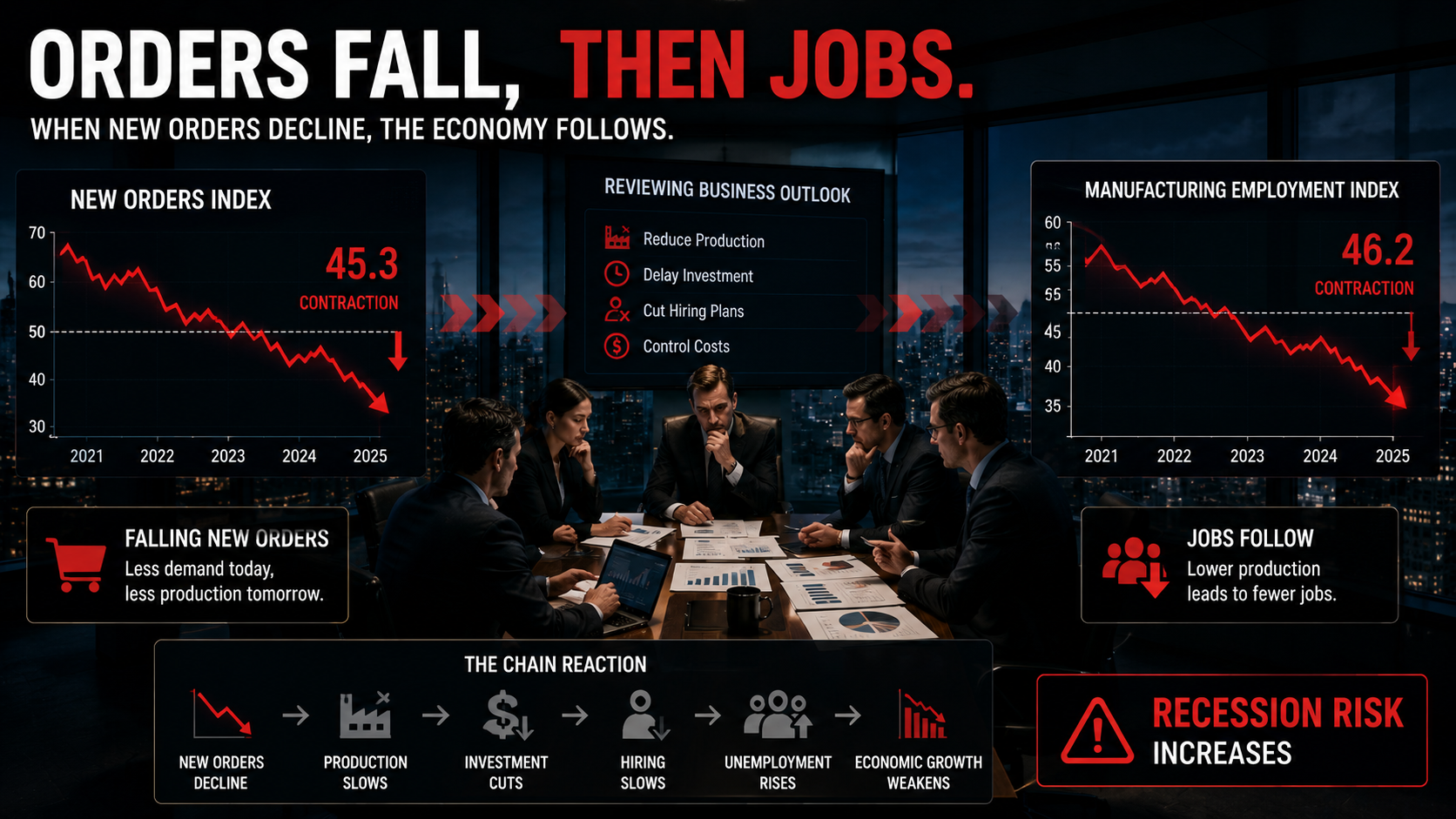 Business leaders analyzing declining new orders and employment trends, illustrating how economic slowdowns spread through the labor market.