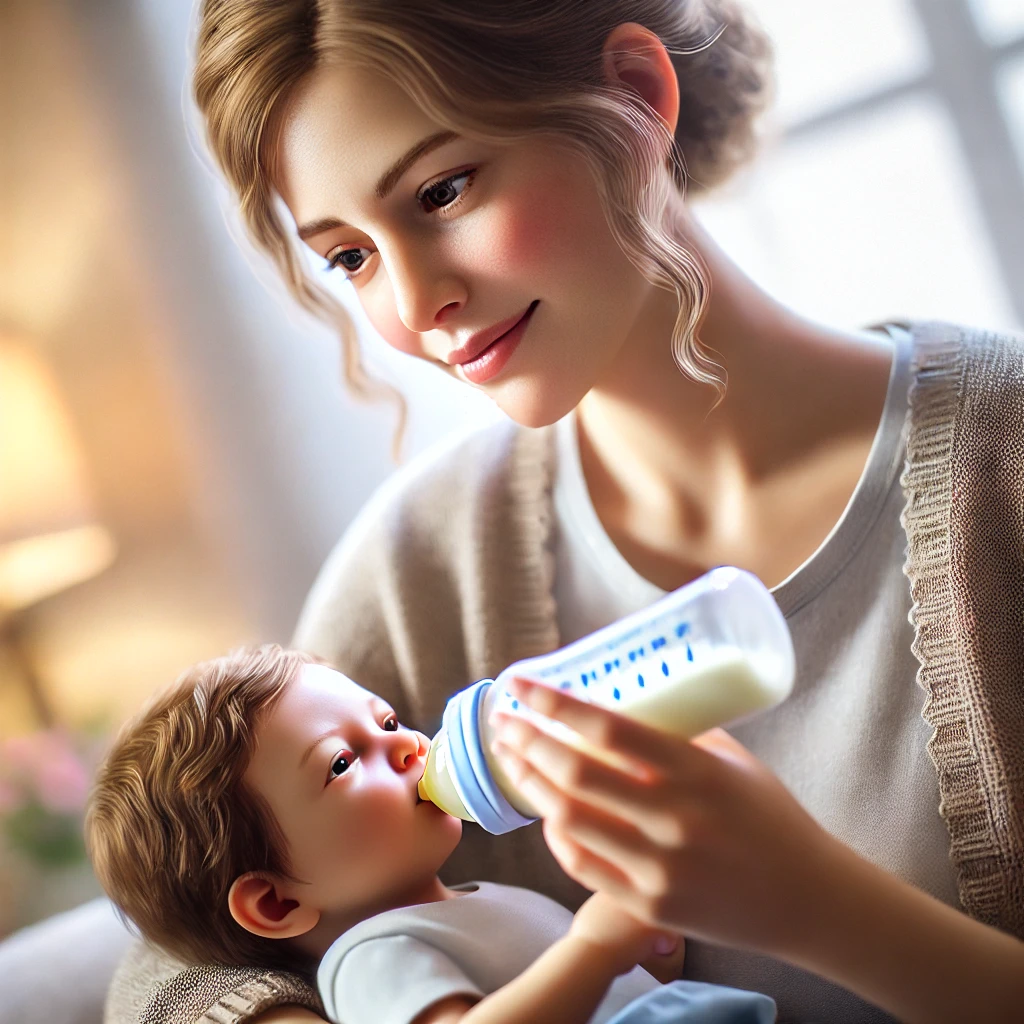 엄마가 아기에게 젖병을 주는 모습