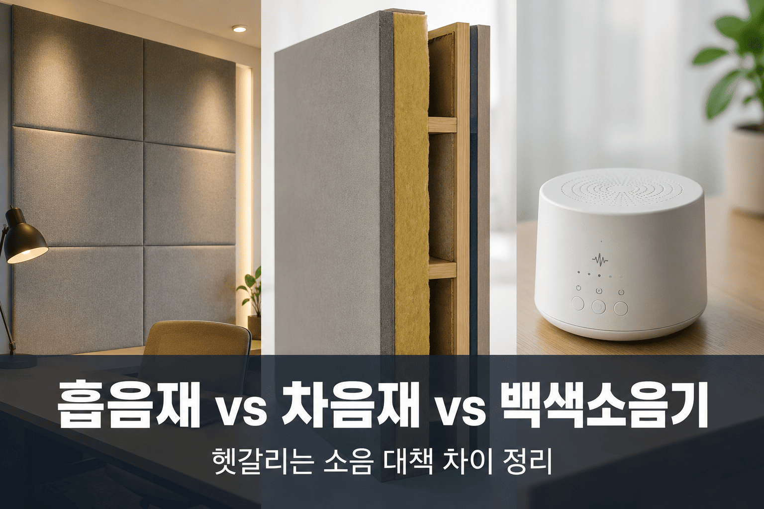 흡음재, 차음재, 백색소음기가 각각 다른 방식으로 소음 문제에 접근하는 모습을 나타낸 이미지