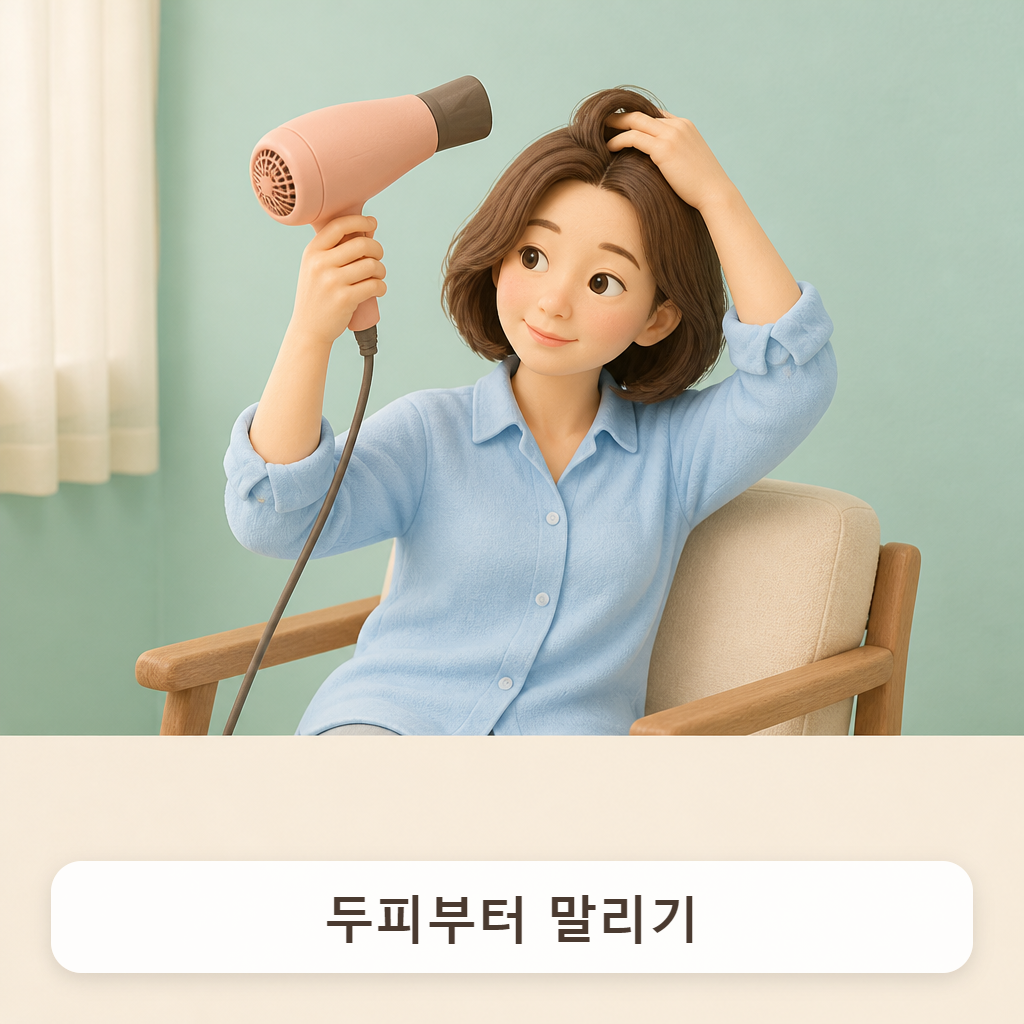 거실 의자에 앉아 손가락으로 머리를 들추며 드라이기로 뿌리 쪽을 말리는 자녀
