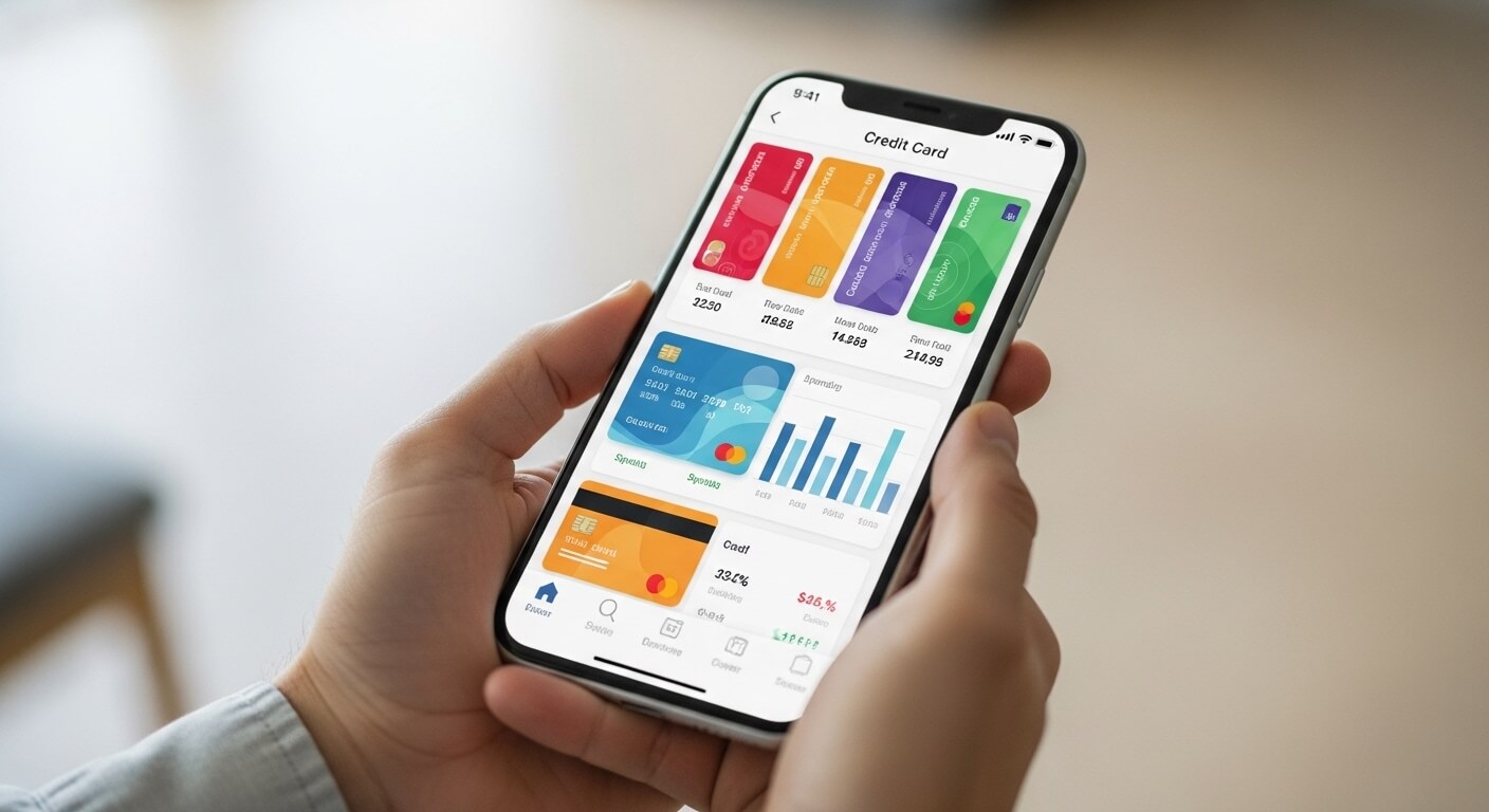 스마트폰 화면에 여러 장의 신용카드와 사용 내역이 표시된 장면