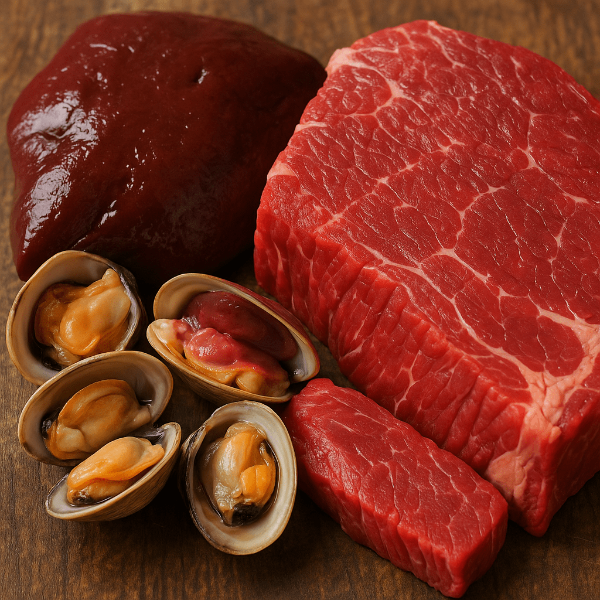 간, 소고기, 조개류 등 동물성 철분이 풍부한 식품의 근접 사진
