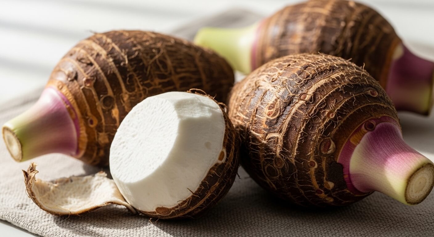 토란 효능과 영양 성분을 보여주는 신선한 토란 뿌리 모습