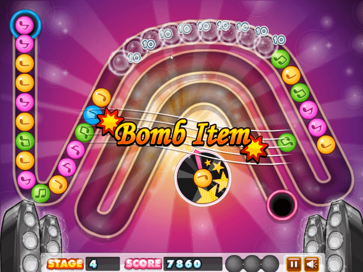 폭탄-아이템으로-뮤직볼을-제거하고-점수를-획득하는-화면