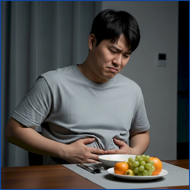 식후 과일을 먹고 배가 더부룩해 불편함을 느끼는 남성. 과일 소화 시간이 식사와 겹칠 때 발생하는 문제를 보여줍니다.