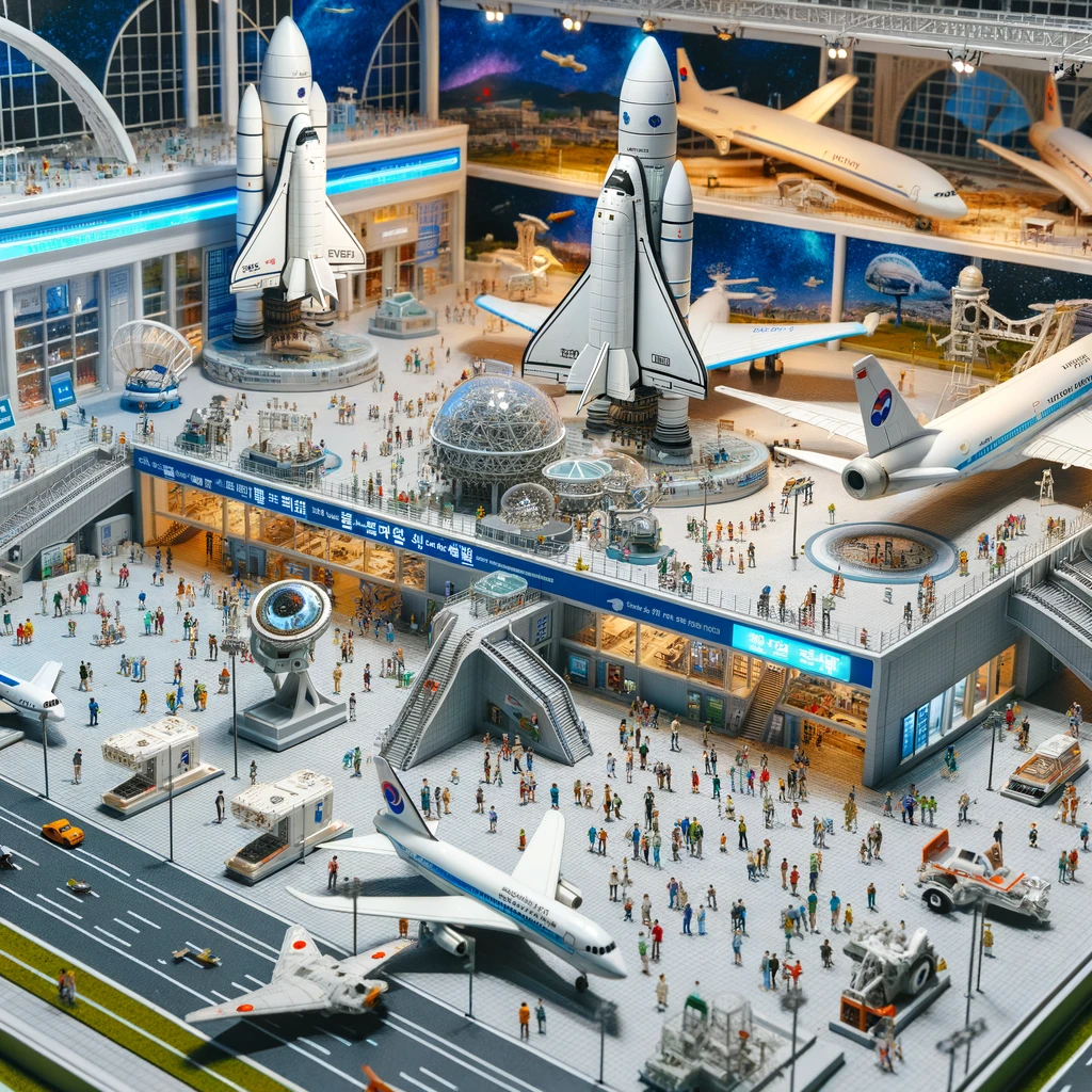 한국항공대학교 항공우주박물관과 그 내부 전시를 미니어처 스타일로 재현한 이미지