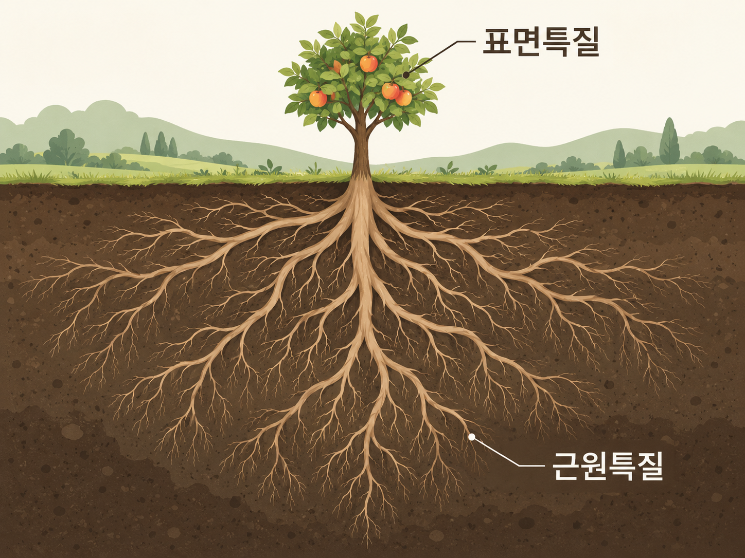 땅 위의 잎과 열매는 표면특질, 땅속 뿌리는 근원특질로 나타낸 나무 그림