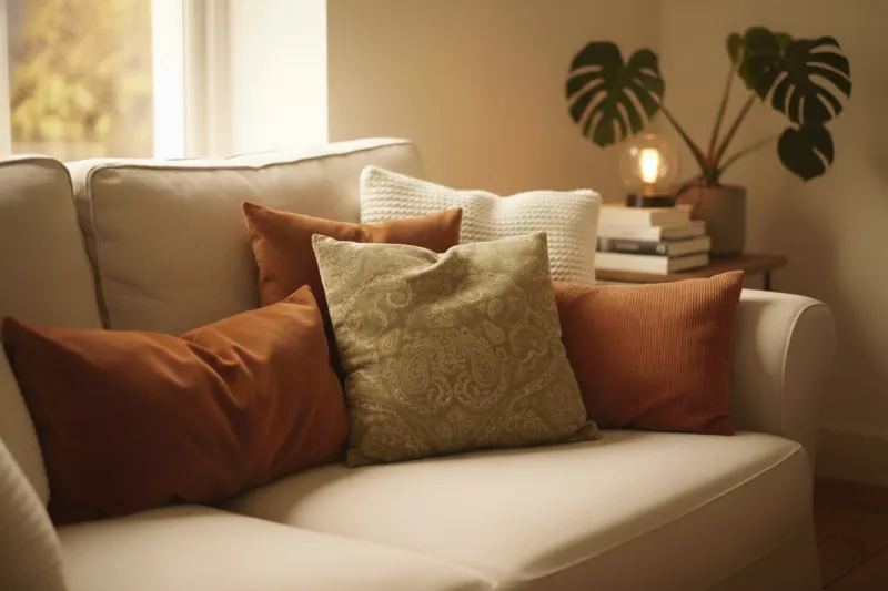 가을 햇살 아래 니트와 벨벳 쿠션으로 아늑하게 꾸며진 거실 소파 풍경