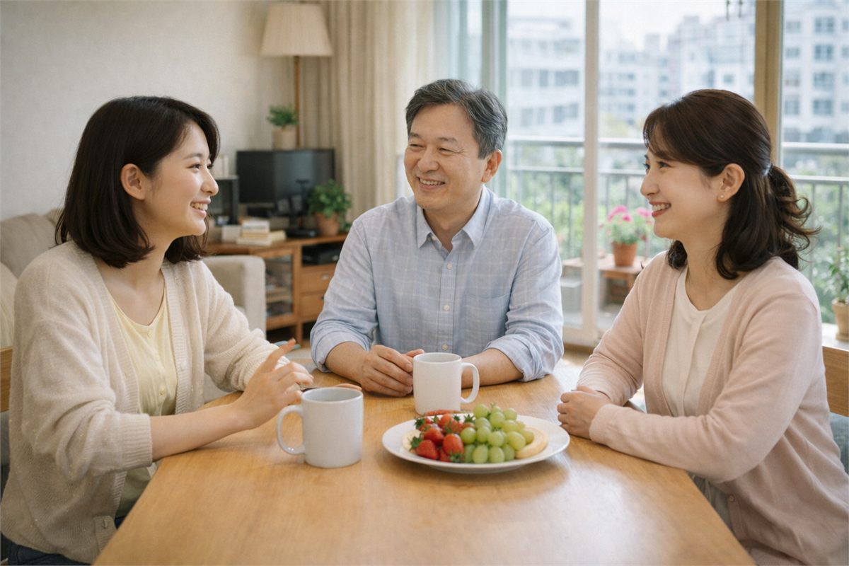 봄 아침 식탁에서 편안하게 대화하는 한국인 가족 모습