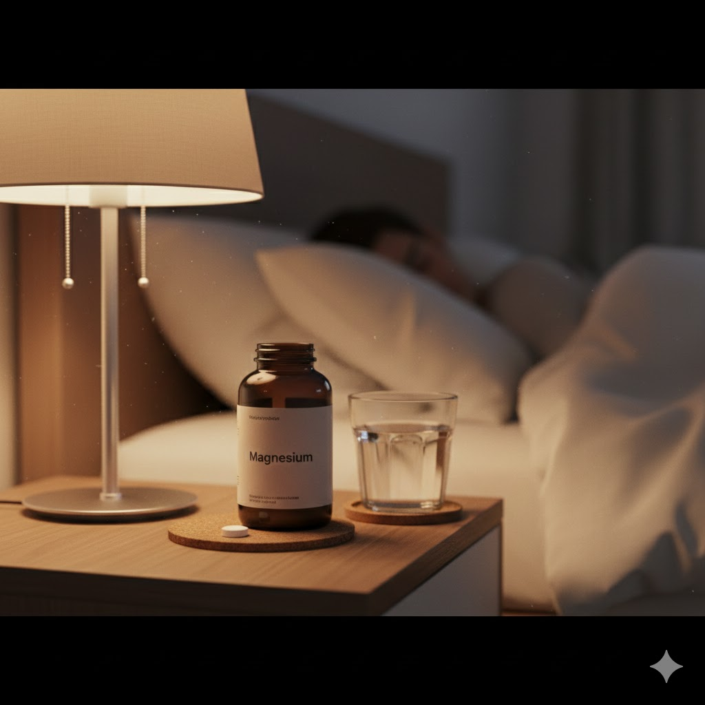 침대 옆 스탠드 조명 아래 놓인 마그네슘 병과 물 한 잔