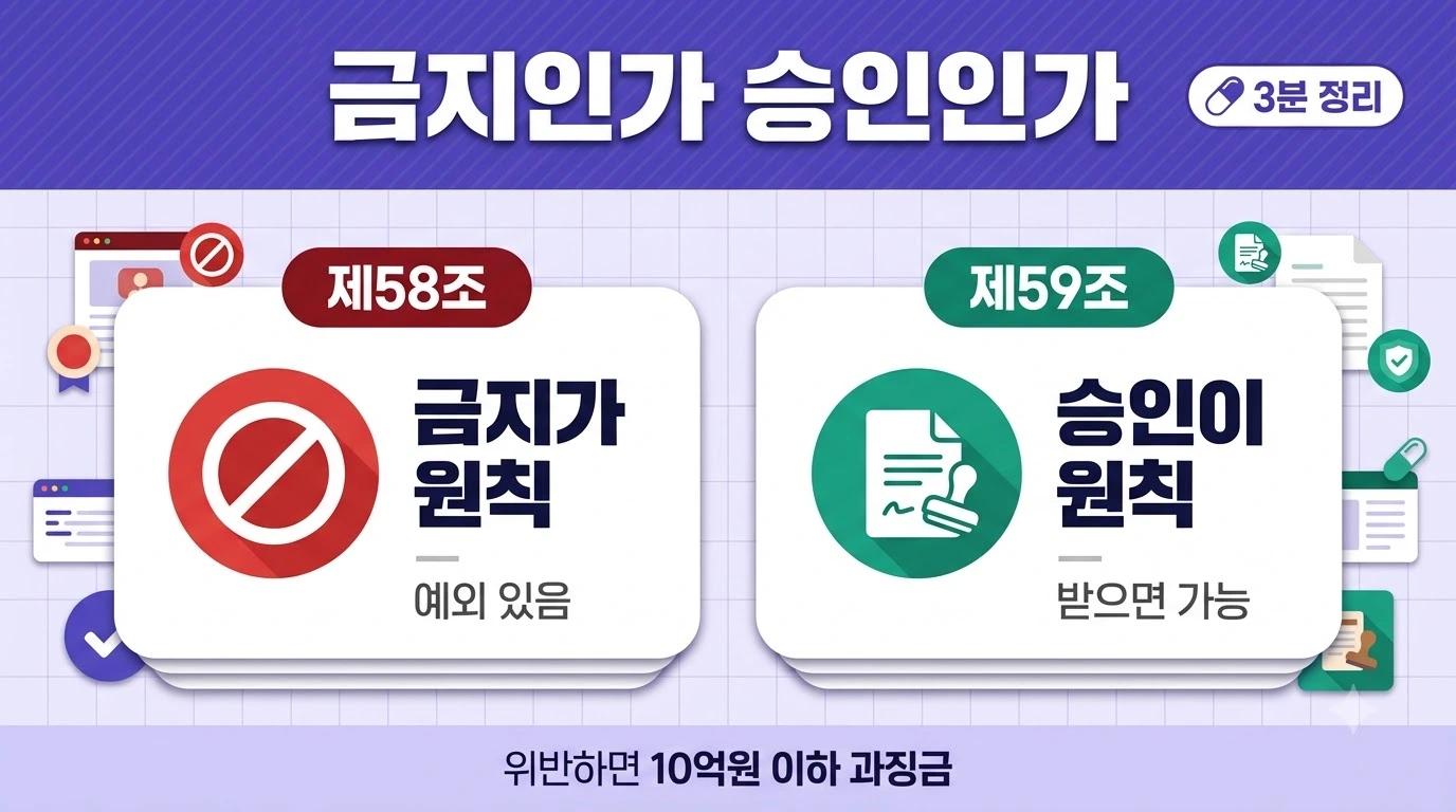 산업안전보건법 제58조 도급금지와 제59조 도급승인의 출발점이 다름을 비교한 이미지