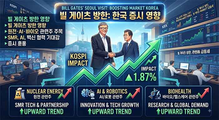 빌 게이츠 방한이 한국 증시에 미치는 영향과 원전·AI·바이오 관련주 상승 기대감을 나타내는 인포그래픽 이미지입니다.