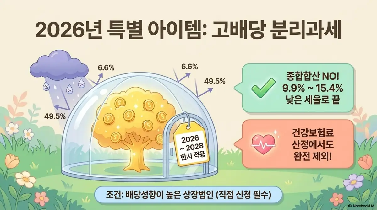 금융소득종합과세 기준: 2026년 고배당기업 배당소득 분리과세를 유리돔으로 보호받는 황금나무에 비유한 인포그래픽 이미지. 돔 바깥에는 49.5%의 누진세율 비가 내리지만 돔 안의 금화나무는 종합합산에서 제외되어 9.9%에서 15.4%의 낮은 세율로 끝나고 건강보험료 산정에서도 완전 제외된다는 안내가 표시되어 있다. 2026년부터 2028년까지 한시 적용이라는 태그도 함께 보인다. 이 이미지는 고배당 분리과세 제도의 절세 효과와 건보료 제외 혜택을 시각적으로 전달하며 블로그의 2026년 배당소득 분리과세 도입 안내와 관련된 내용을 설명함