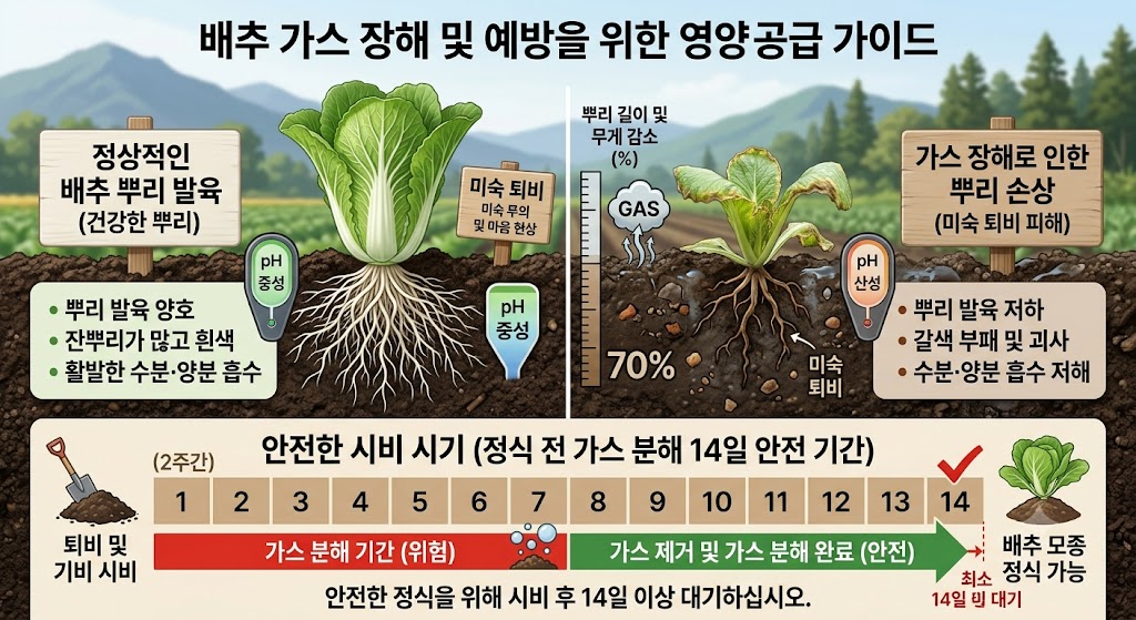 퇴비 가스 피해를 받은 배추 모종과 정상 배추 모종의 뿌리 상태 비교 및 안전한 밑거름 투입 기간 가이드