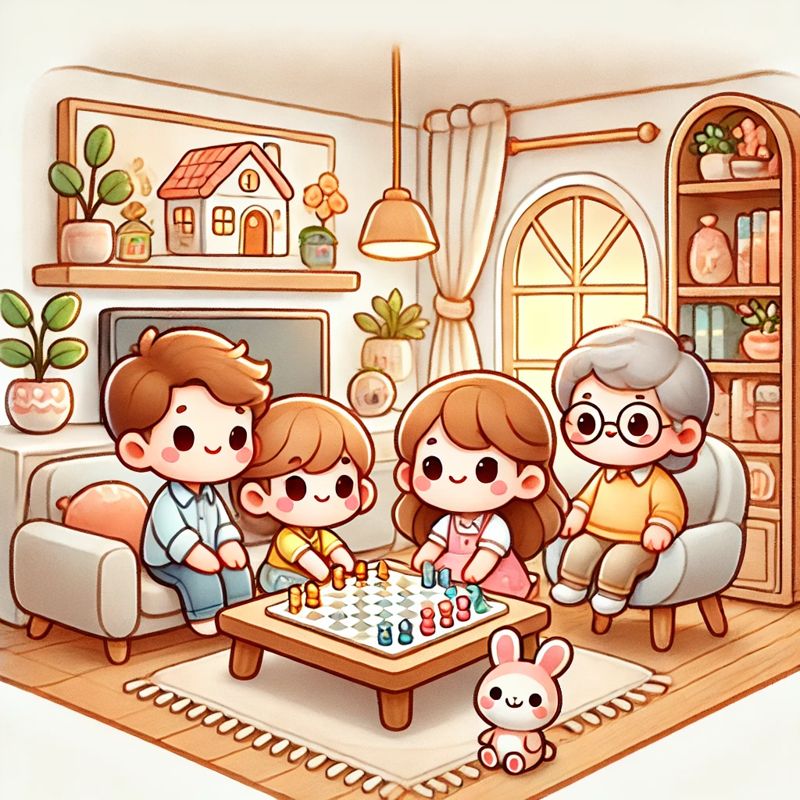 A family is playing a board game on a coffee table, 보드게임하는 가족