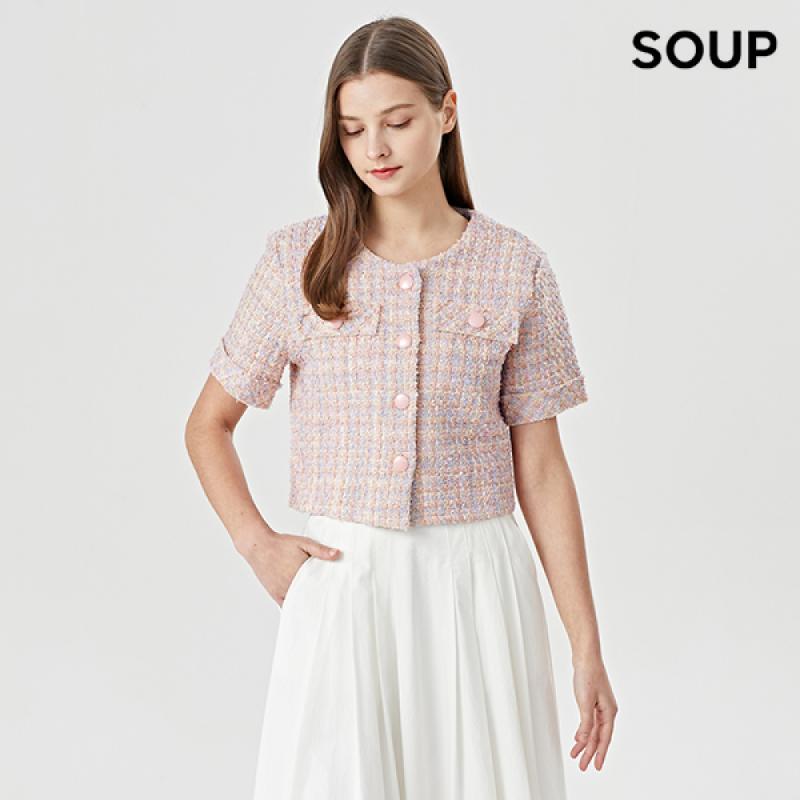 SOUP 노카라 버튼 여성 하객 반팔 트위드 자켓 S33JK03