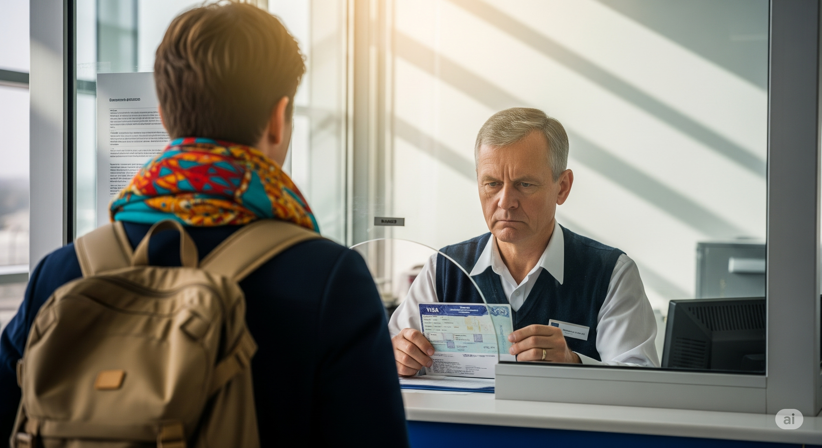 관광객이 입국심사를 위해 입국심사관 앞에 서 있다.