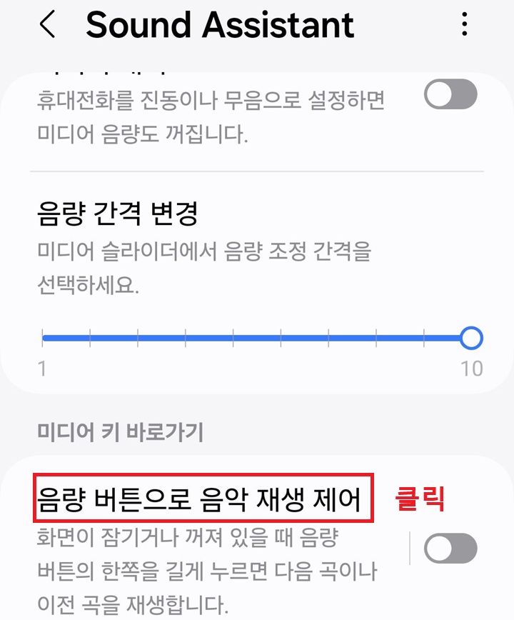 화면 하단에 음량 버튼으로 음악 재생 제어 메뉴 보임