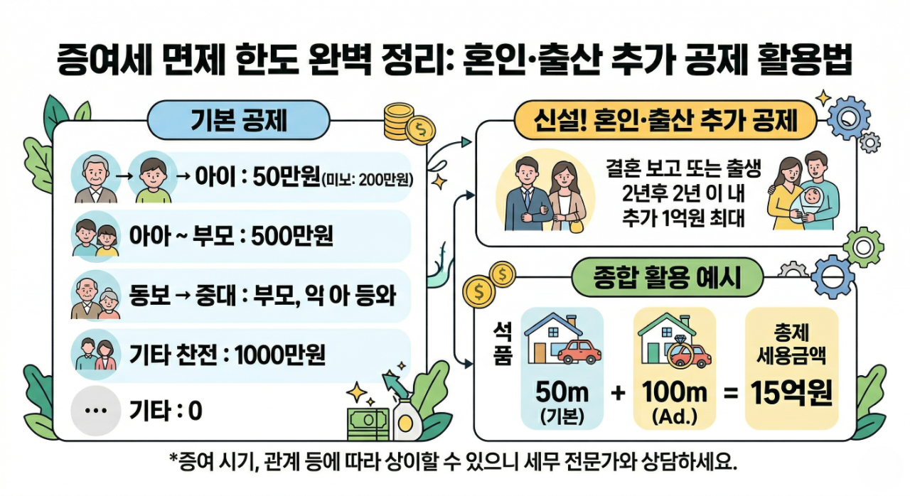 증여세 면제 한도와 혼인·출산 공제 혜택을 정리한 인포그래픽 이미지