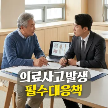 의료사고 발생 필수 대응책
60대 남성 환자(한국인)가 변호사(한국인)와 함께 차분한 사무실에서 수술 기록지와 진료 차트를 함께 검토하며 심각하게 대화하는 장면