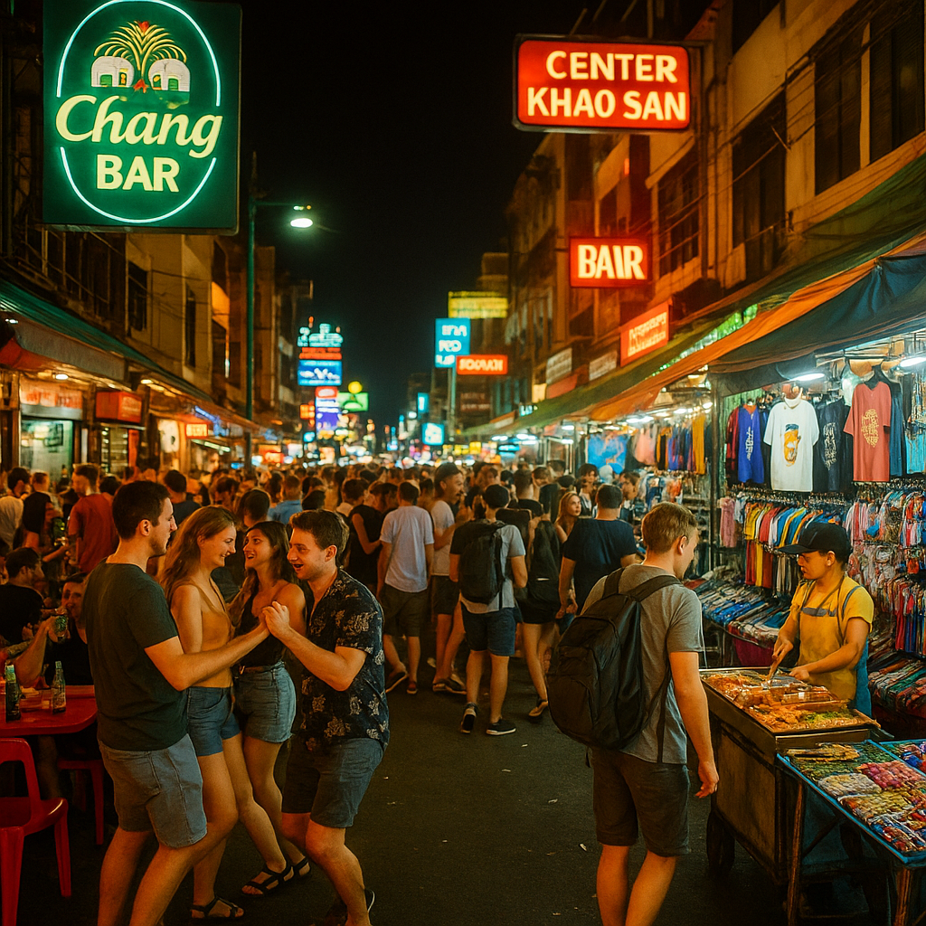 네온사인 불빛 아래 활기찬 여행객들과 노점상이 어우러진 방콕 카오산로드의 밤거리 풍경