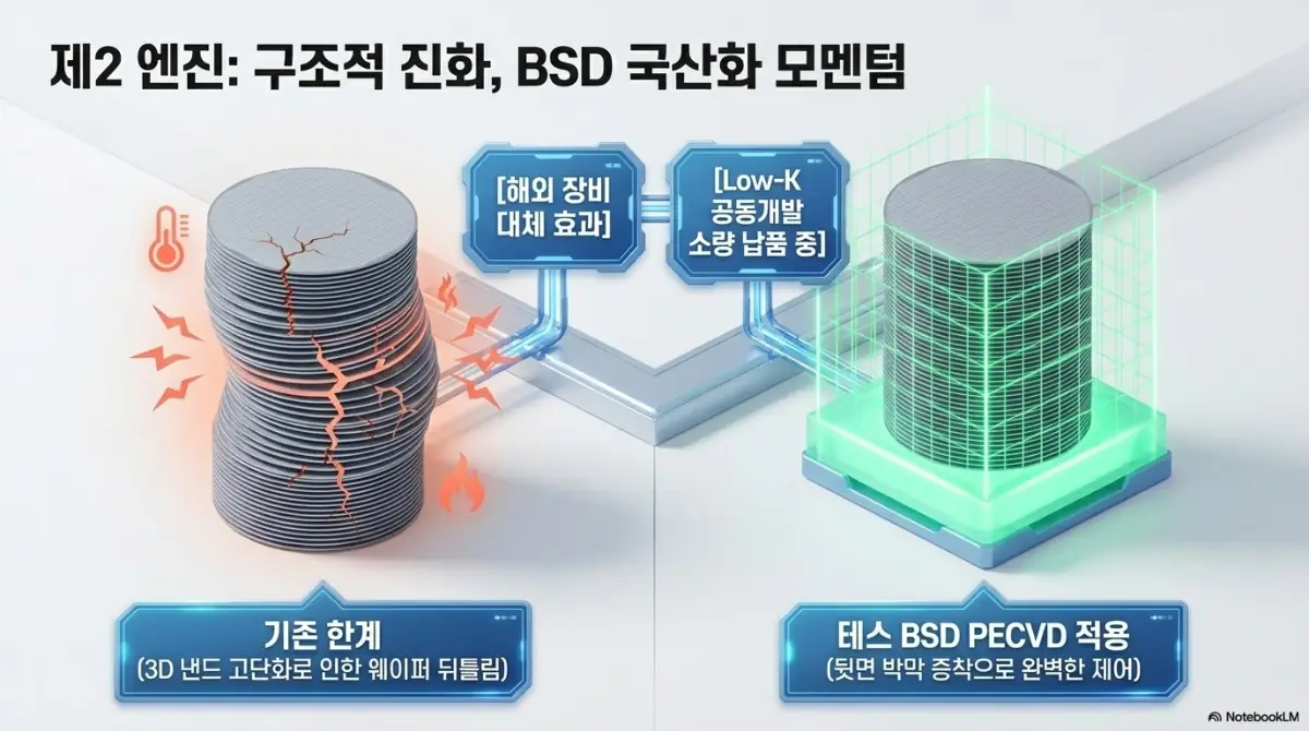 테스 주가 전망: 테스 BSD 신규장비 국산화 모멘텀을 설명하는 이미지. 3D 낸드 고단화로 생기는 웨이퍼 뒤틀림 한계와, 뒷면 박막 증착으로 이를 제어하는 테스 BSD PECVD 적용 효과를 비교 시각화했으며, 해외 장비 대체라는 구조적 성장 포인트를 설명함