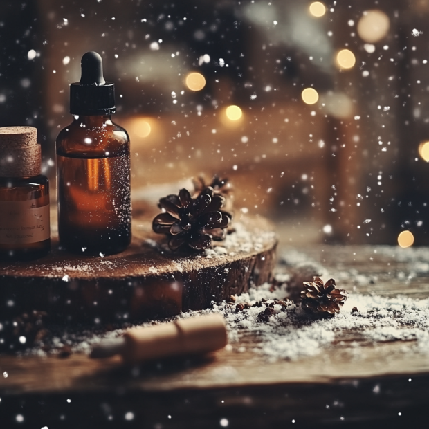 겨울철 피부장벽 보호 전략(눈이내리는 이미지에 피부케어 제품포함