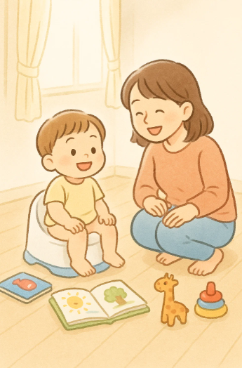 기저귀 떼기 훈련 중 변기에 앉아 있는 2살 아기와 지켜보는 엄마의 따뜻한 모습