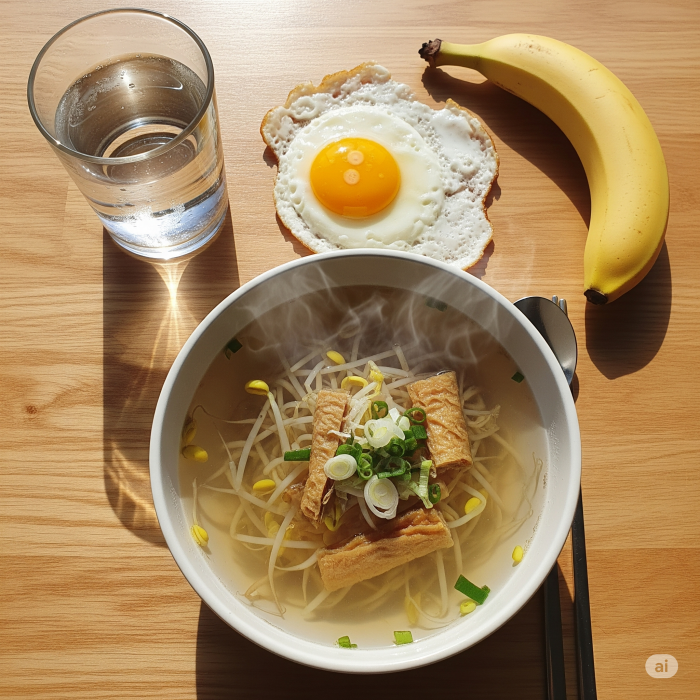 밝은 아침 햇살 아래, 김이 나는 해장국, 맑은 물 한 잔, 계란 후라이, 바나나가 깔끔하게 놓여있는 평면 구도의 사진.