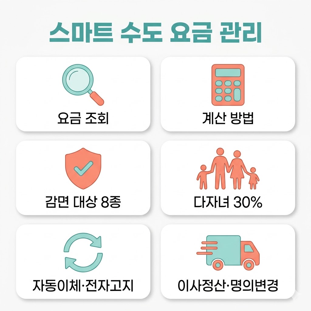 서울시 수도요금 핵심 정보 인포그래픽 – 조회 계산 감면대상 다자녀할인 자동이체 이사정산 요약