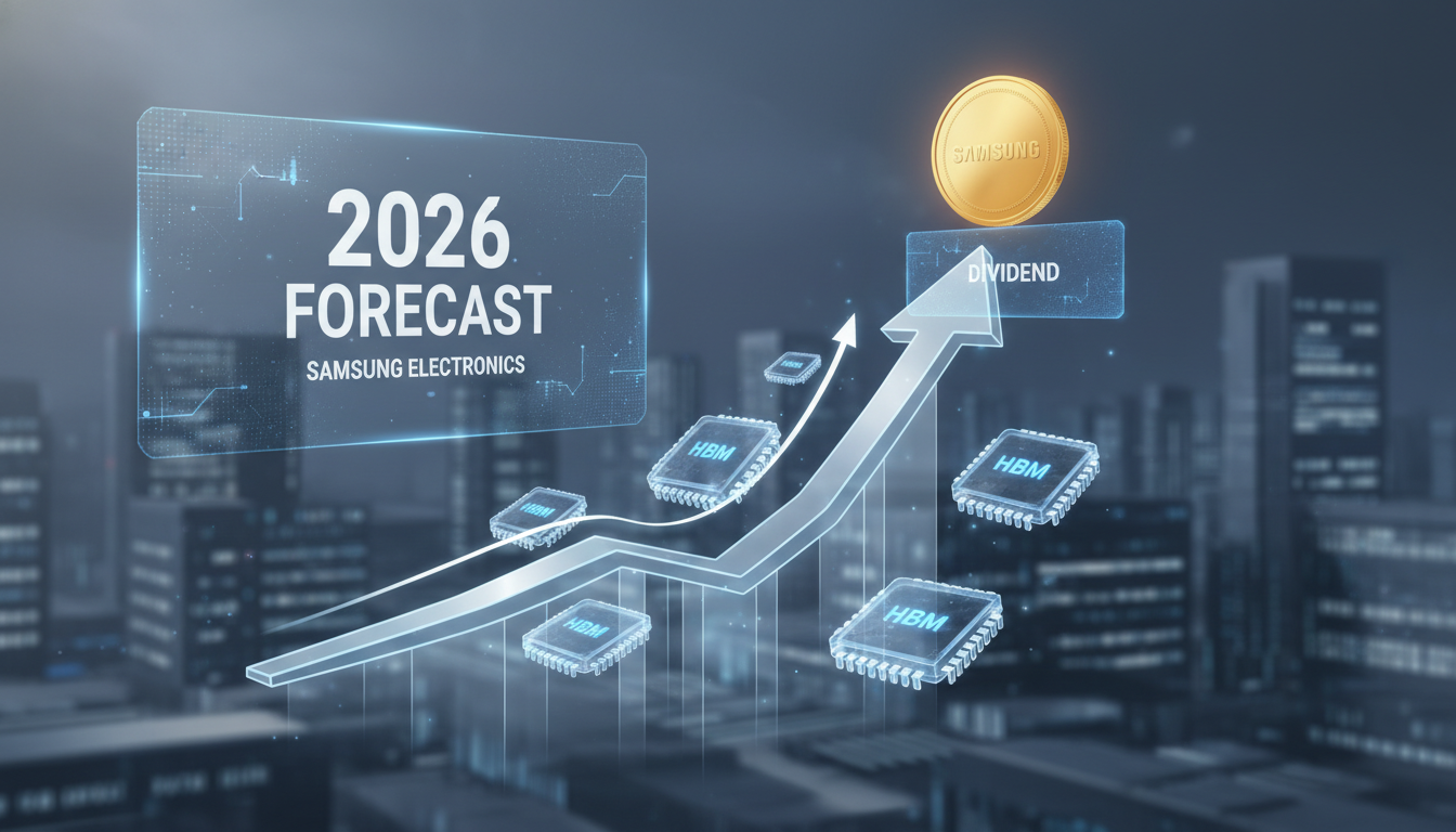 2026년 삼성전자 주가 전망 및 1분기 배당금을 나타내는 반도체 칩과 상승하는 주식 차트 일러스트