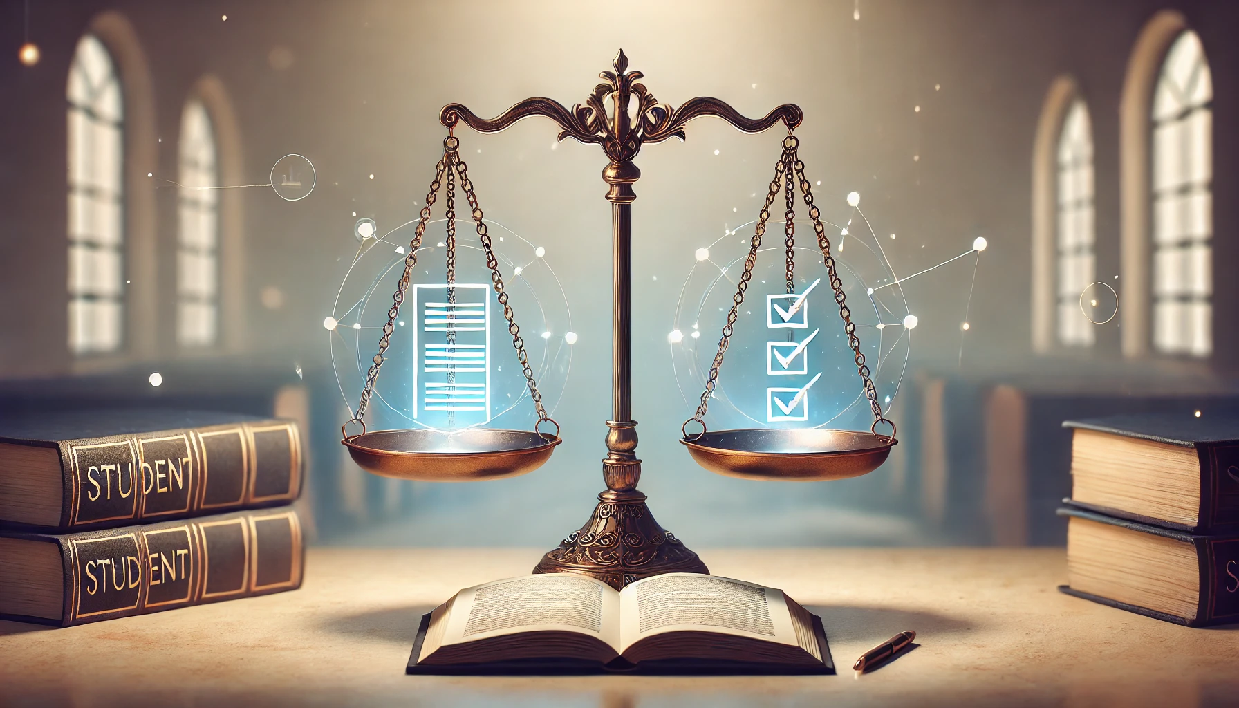 공정하고 투명한 생활기록부 작성을 상징하는 균형 저울 이미지
