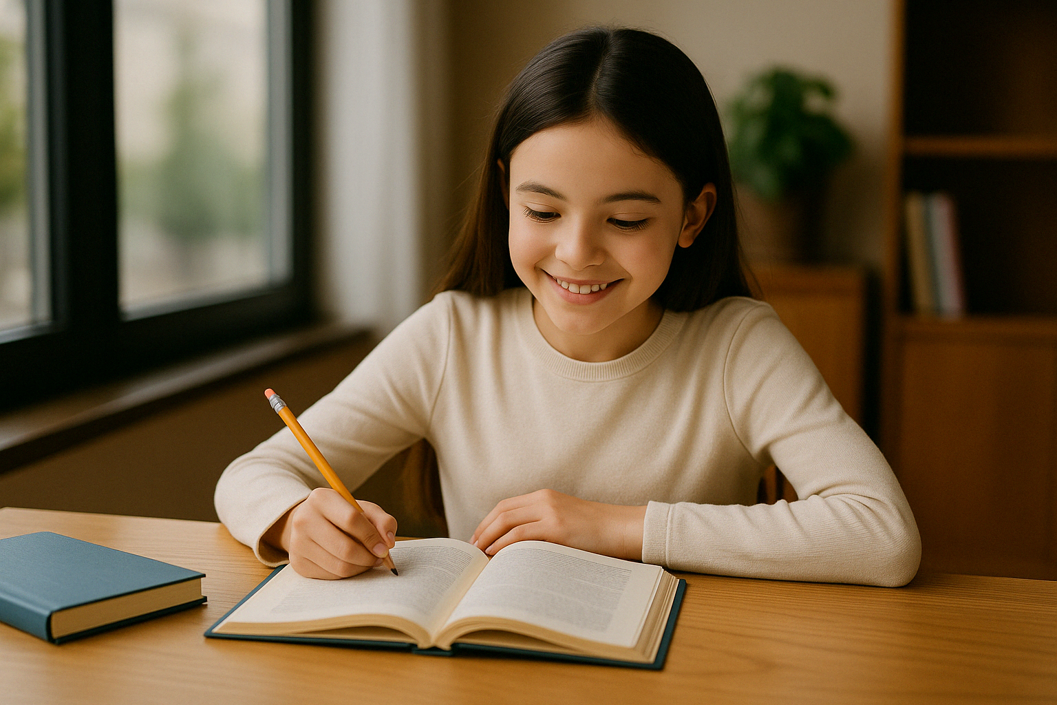 책을 들고 영어를 공부하는 어린 여자아이 일러스트 &ndash; 왕초보도 영어 학습에 친근하게 접근할 수 있도록 따뜻하고 밝은 분위기로 그려진 이미지입니다. 학습의 즐거움과 집중하는 모습을 함께 표현하여 영어 공부에 대한 긍정적인 인상을 전해줍니다.