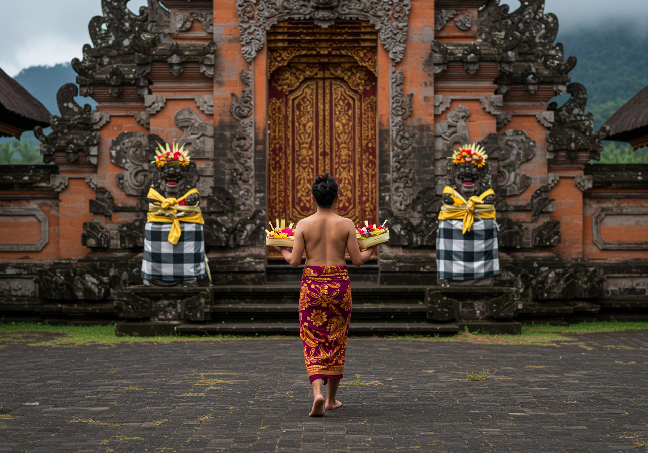 완성된 짜낭 사리를 들고 사원의 사당 앞으로 걸어가는 모습