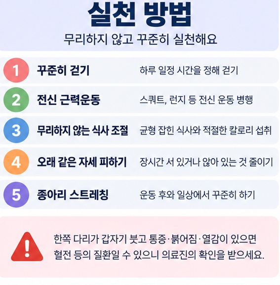 빠르게 걷기 전신 근력운동 오래 같은 자세 피하기 다리 움직이기 스트레칭을 실천하는 체크리스트 이미지