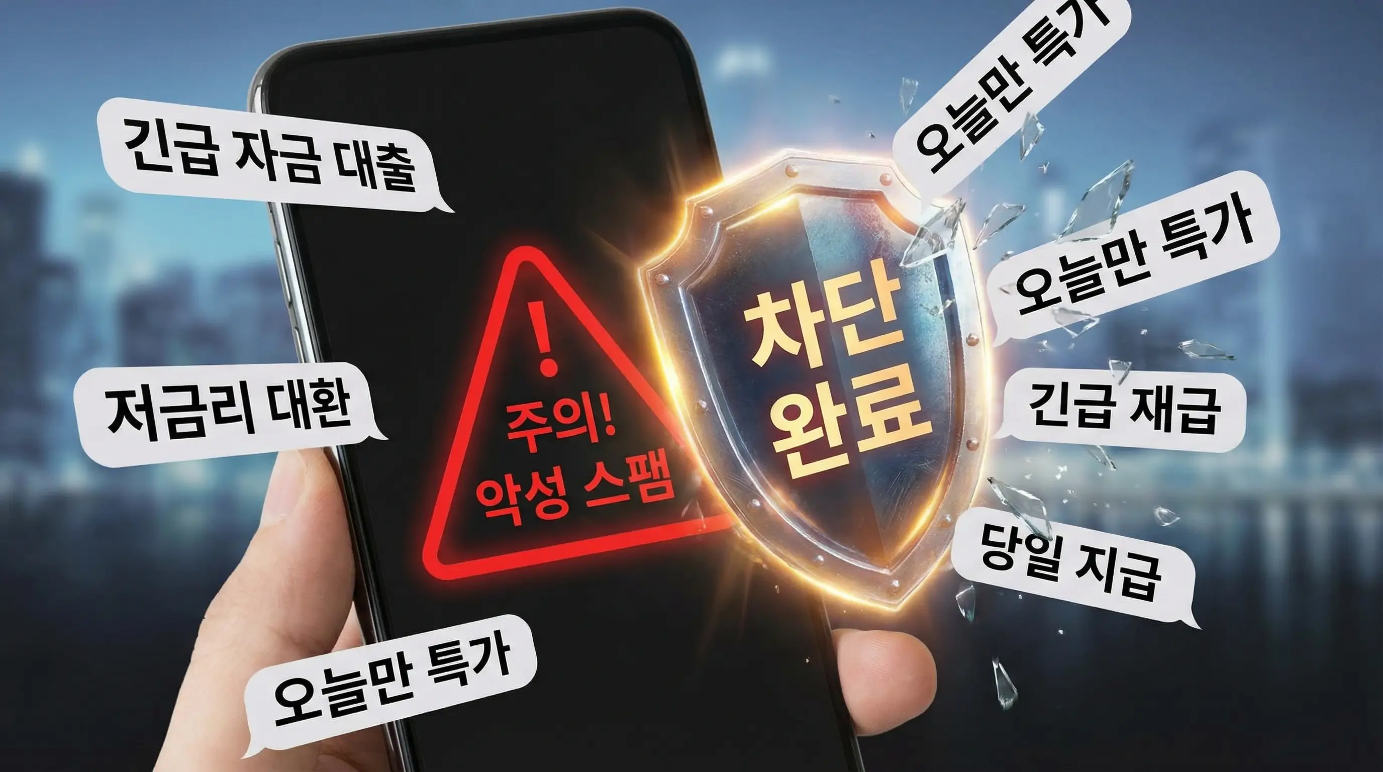 스팸 대출 문자가 쏟아지는 스마트폰 화면에 경고 표시가 뜨고 이를 차단하는 방패 이미지