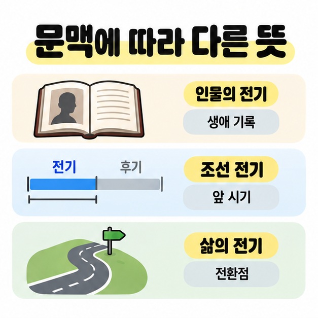 인물의 전기는 생애 기록, 조선 전기는 앞 시기, 삶의 전기는 전환점으로 분류한 책과 시간 막대, 굽은 길 그림